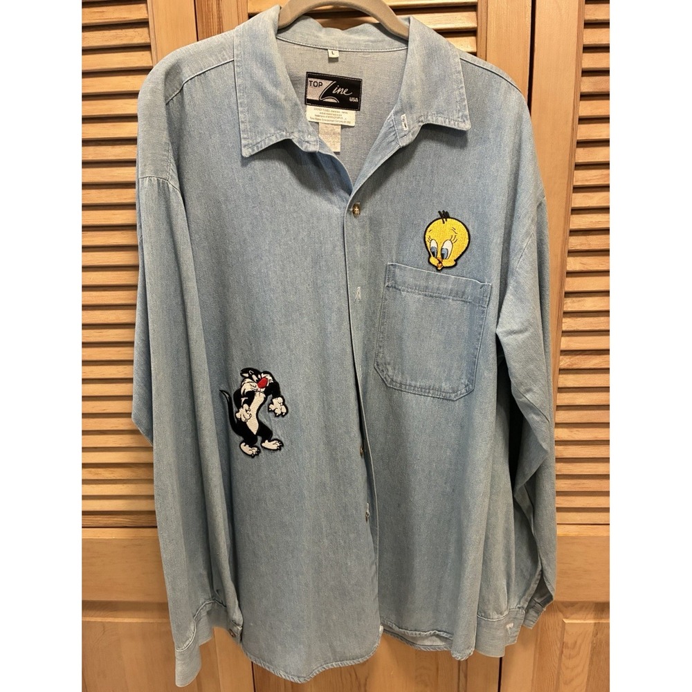Vintage 1990s Looney Tunes Tweety & Sylvester Denim Embroidered Button-Up Sz L
